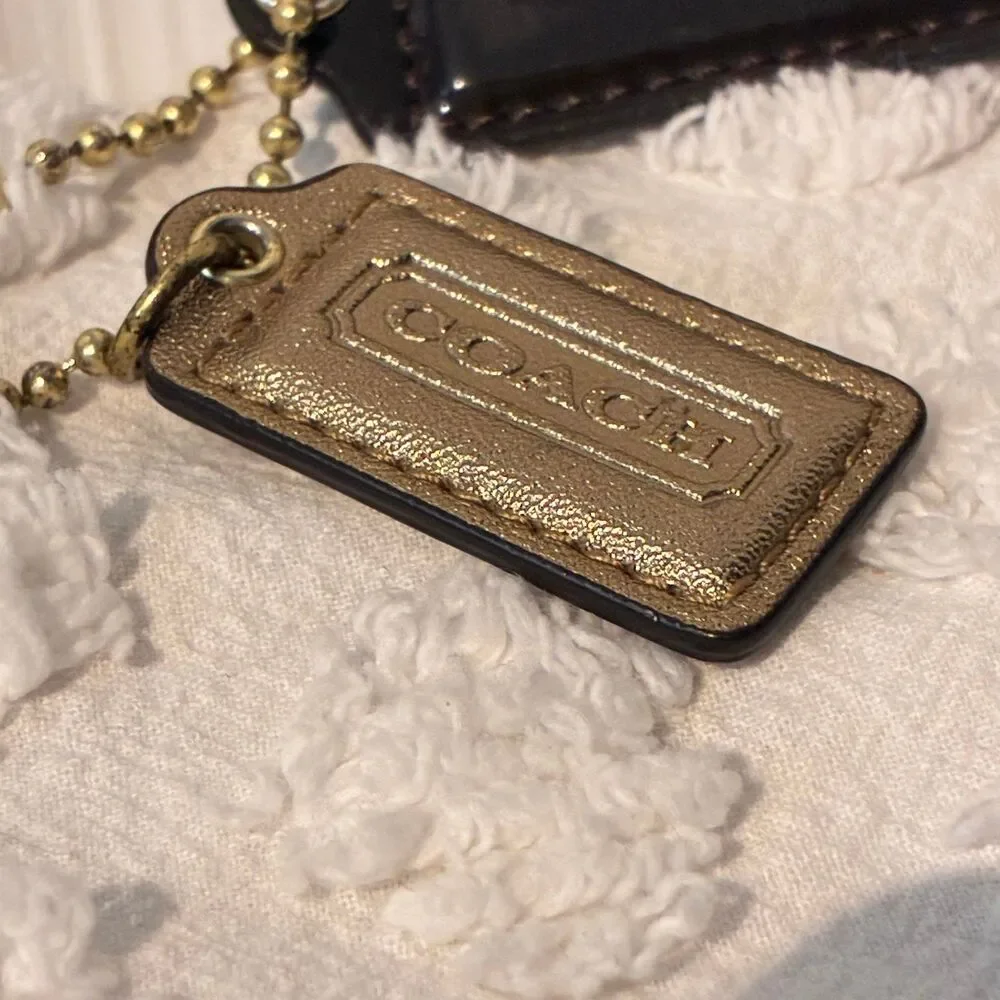 Coach Bag Charm Patent Leather Dark Brown Leather Gold